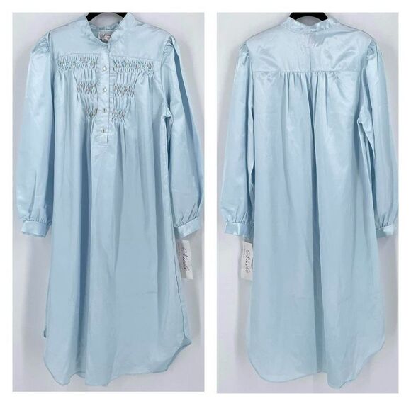 NWT Vintage Nicole Women's Satin Long Sleeve Maxi Nightgown Light Blue Medium - Picture 1 of 12